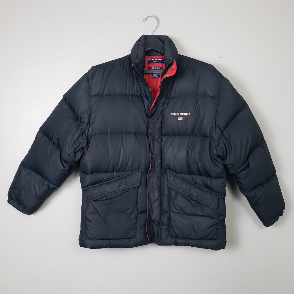 POLO SPORT Ralph Lauren Mens L Down Puffer Jacket Spellout Black